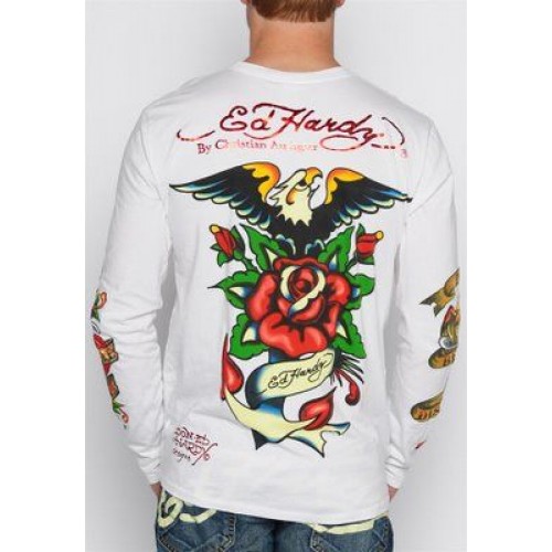 Mens Ed Hardy Flaming Tiger L S Tee in White