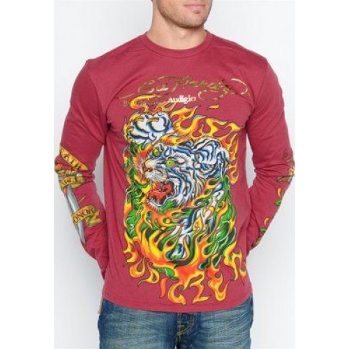 Mens Ed Hardy Flaming Tiger L S Tee in Red