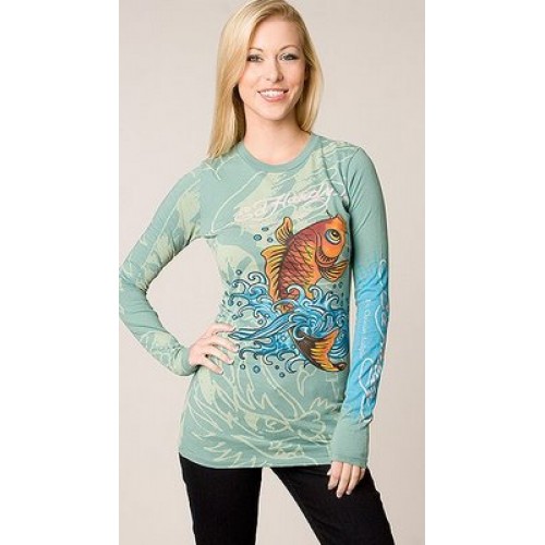 Women's Ed Hardy Death Glory Koi Long Sleeve T-Shirt in Turquoise