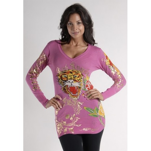 Women's Ed Hardy Tiger Rose Long Sleeve T-Shirt in HotPink
