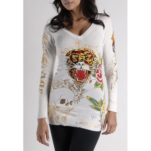 Women's Ed Hardy Tiger Rose Long Sleeve T-Shirt in White