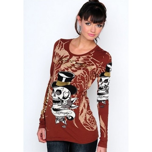 Women's Ed Hardy Hippie Skull Leopard Long Sleeve T-Shirt in Brown