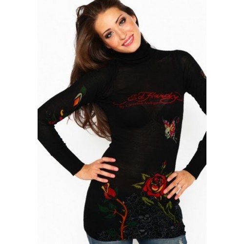 Women's Ed Hardy Rose Tiger Butterfly Long Sleeve T-Shirt in Black